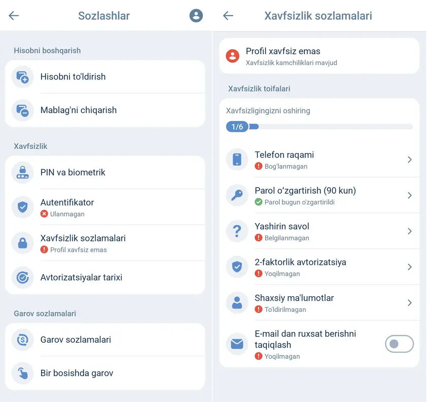 1xbet xavsizlik sozlamalarini to'ldrishni registratsiya qilish