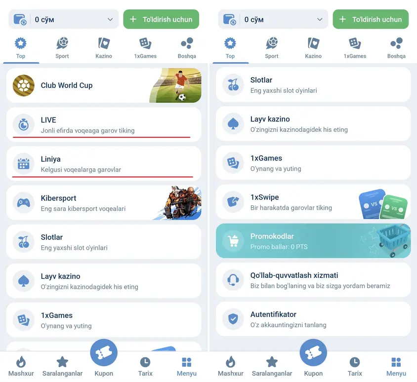 1xbet live va liniya da sport hodisasini tanlash